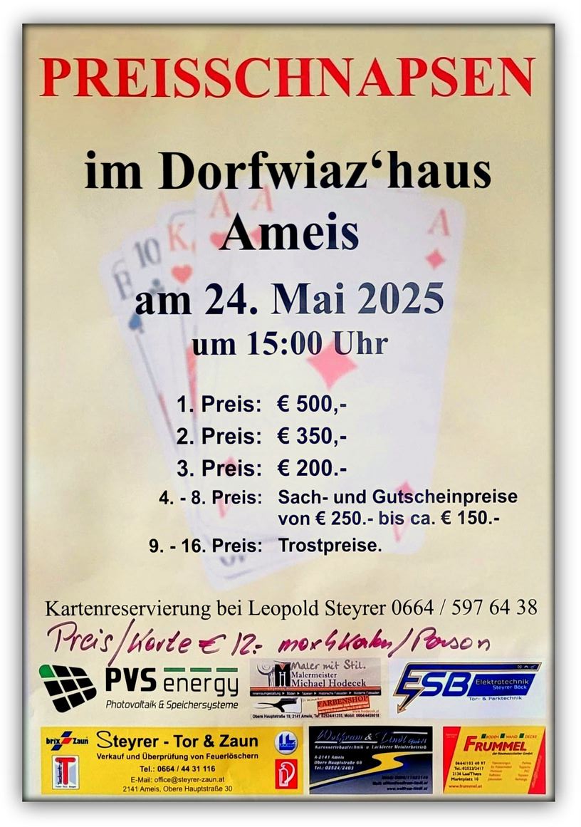 24.5.2024 - Einladung zum Preisschnapsen im Dorfwiazhaus